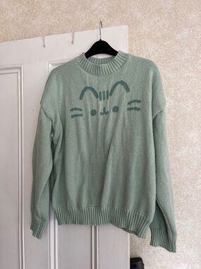 Mint Green Cat Pusheen Face Knit Sweater